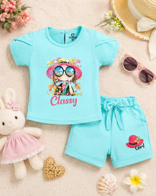 Classy Aqua Blue Cotton T-Shirt & Shorts Set