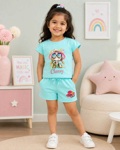 Classy Aqua Blue Cotton T-Shirt & Shorts Set