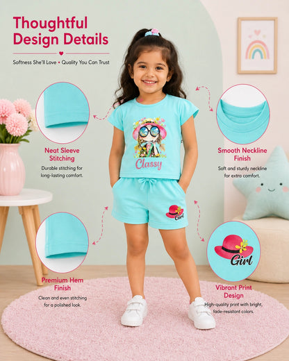 Classy Aqua Blue Cotton T-Shirt & Shorts Set