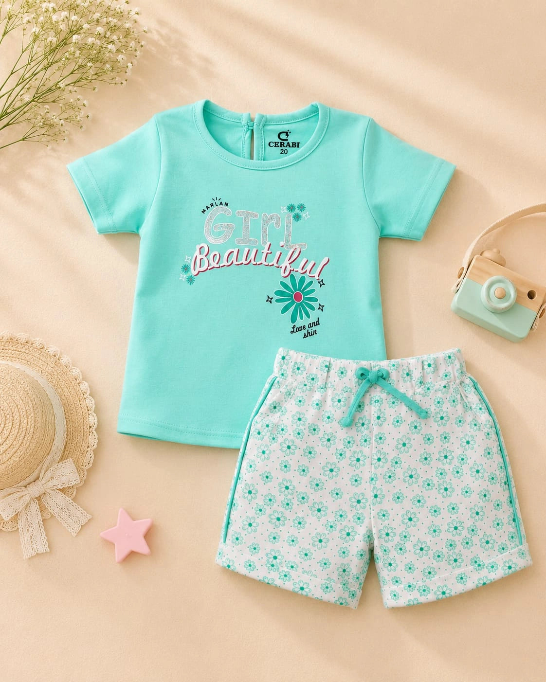 Beautiful Girl Aqua Blue T-Shirt & Floral Shorts Set