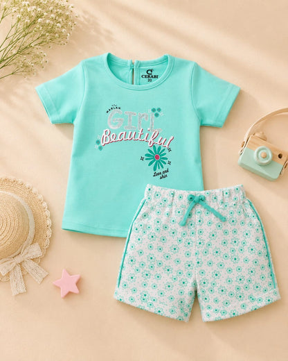 Beautiful Girl Aqua Blue T-Shirt & Floral Shorts Set