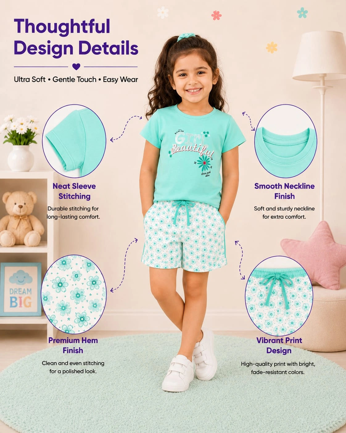 Beautiful Girl Aqua Blue T-Shirt & Floral Shorts Set