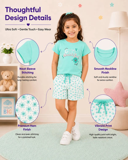 Beautiful Girl Aqua Blue T-Shirt & Floral Shorts Set