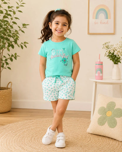 Beautiful Girl Aqua Blue T-Shirt & Floral Shorts Set