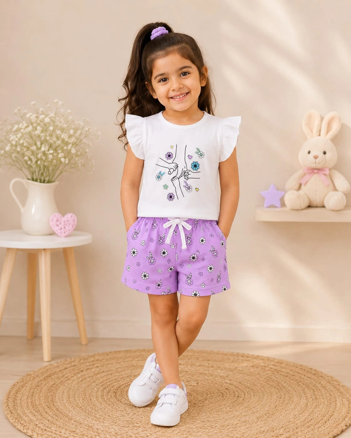 Floral Love White T-Shirt & Purple Shorts Set
