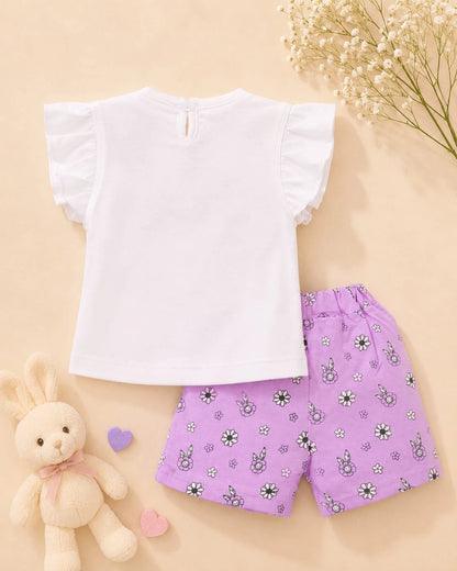 Floral Love White T-Shirt & Purple Shorts Set