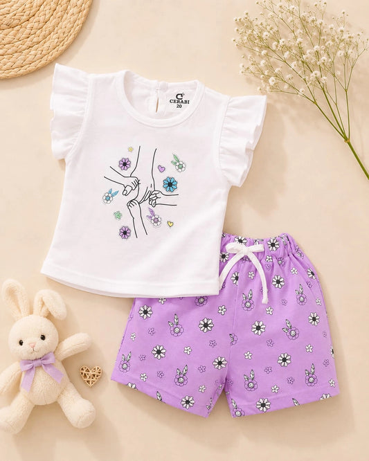 Floral Love White T-Shirt & Purple Shorts Set