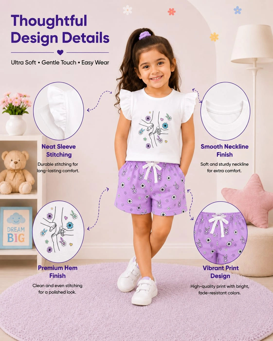 Floral Love White T-Shirt & Purple Shorts Set