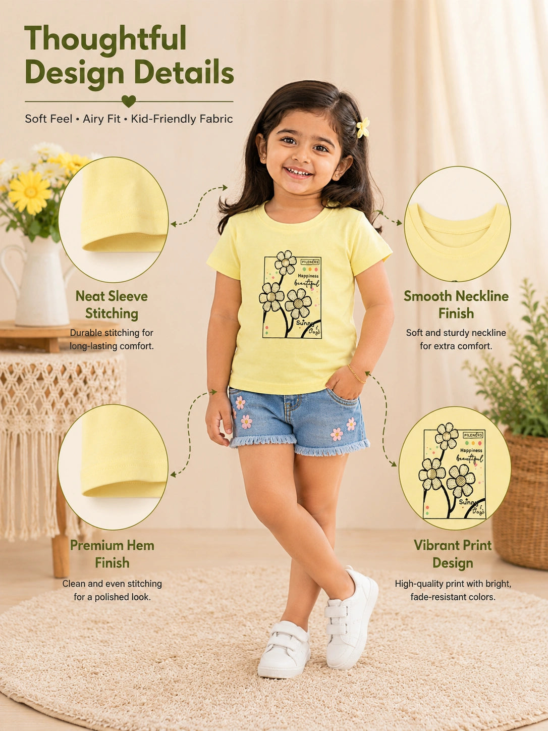 Happiness Floral Yellow Cotton T-Shirt