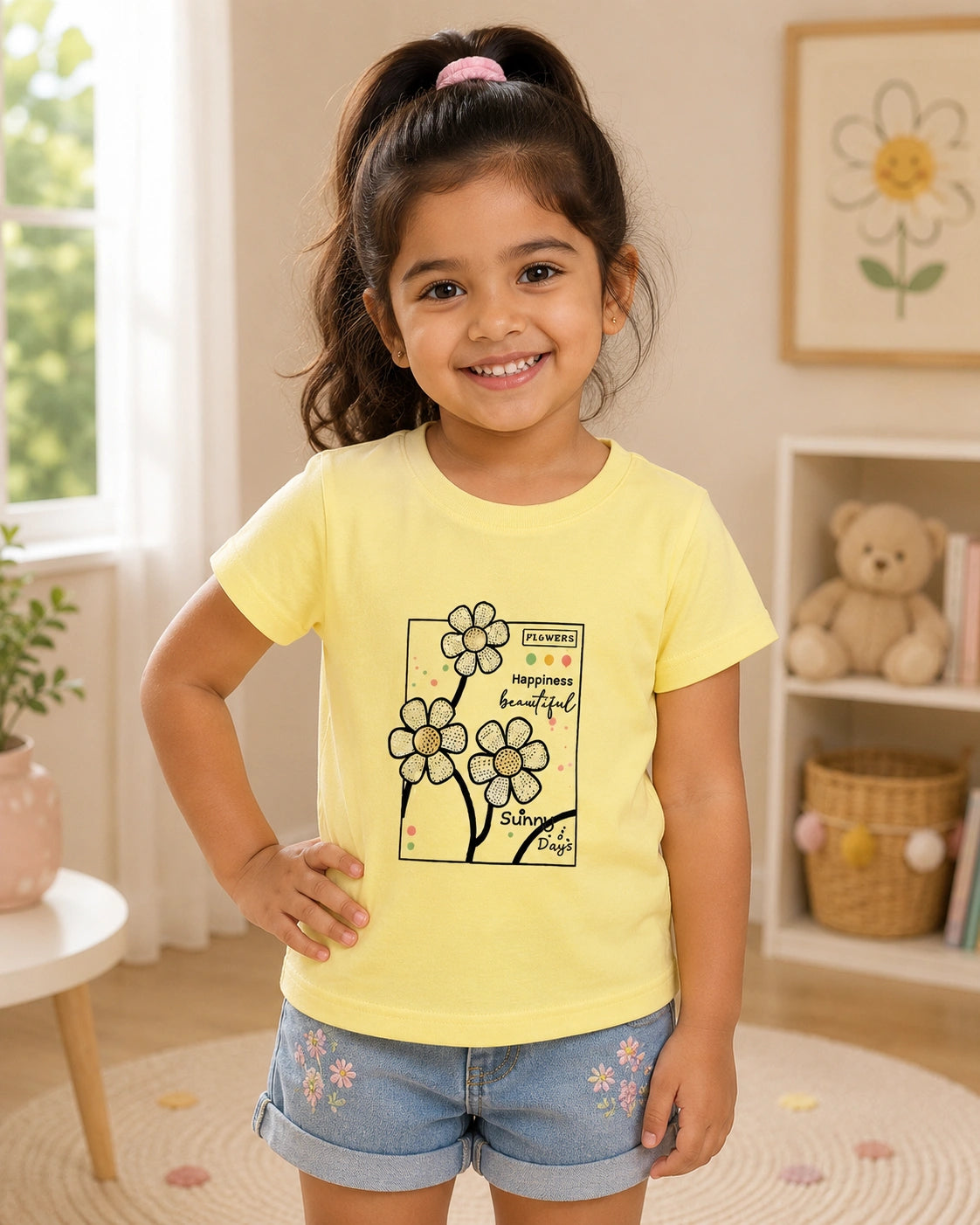 Happiness Floral Yellow Cotton T-Shirt