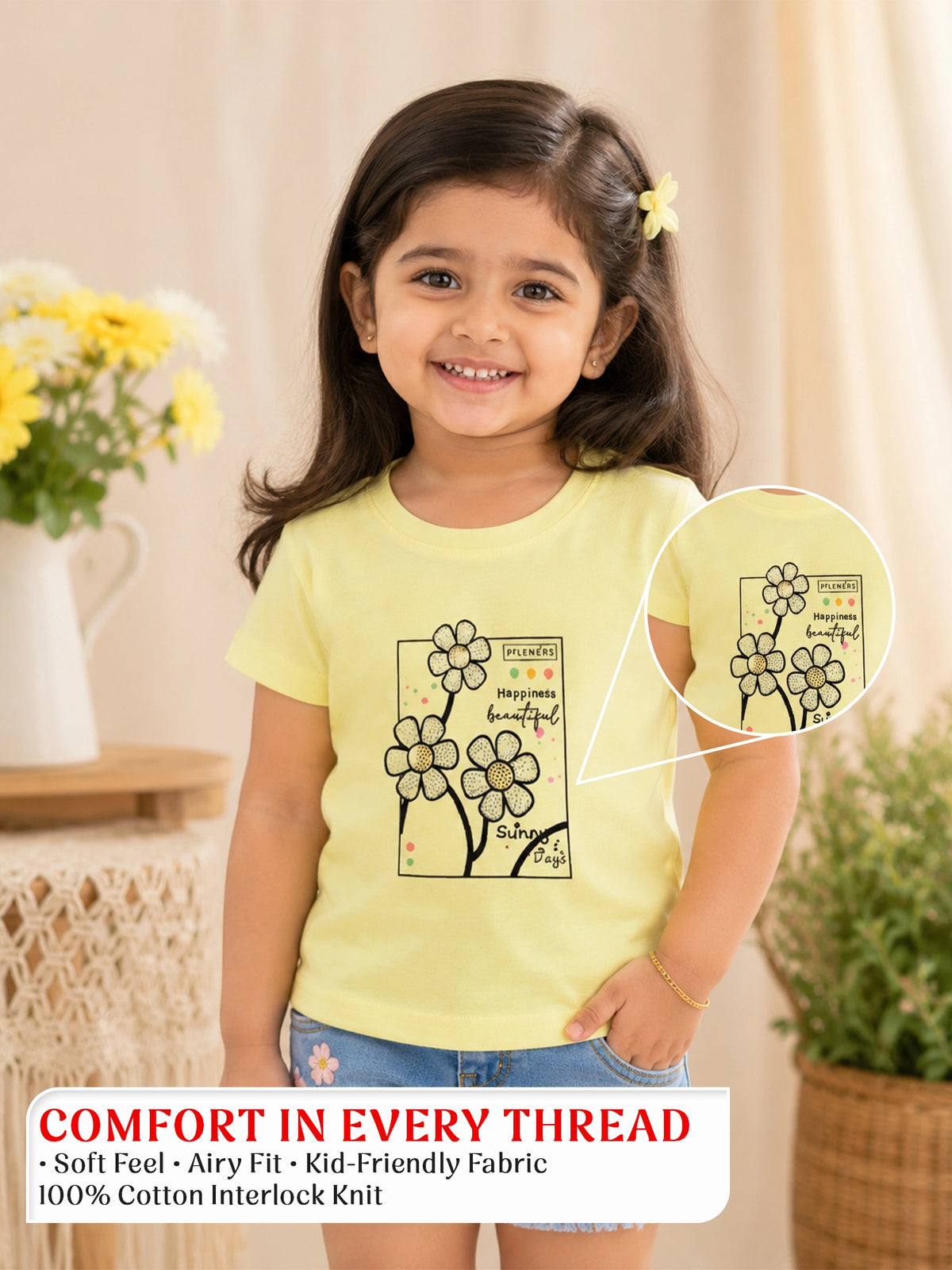 Happiness Floral Yellow Cotton T-Shirt
