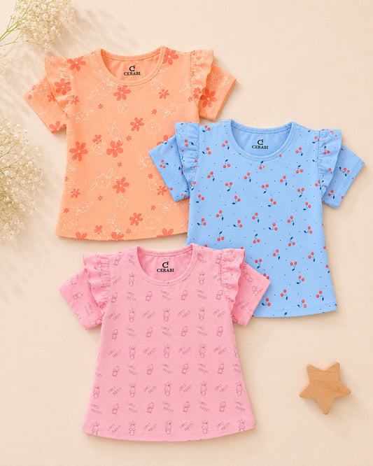 Pretty Prints Girls’ Cotton T-Shirt – Pack of 3