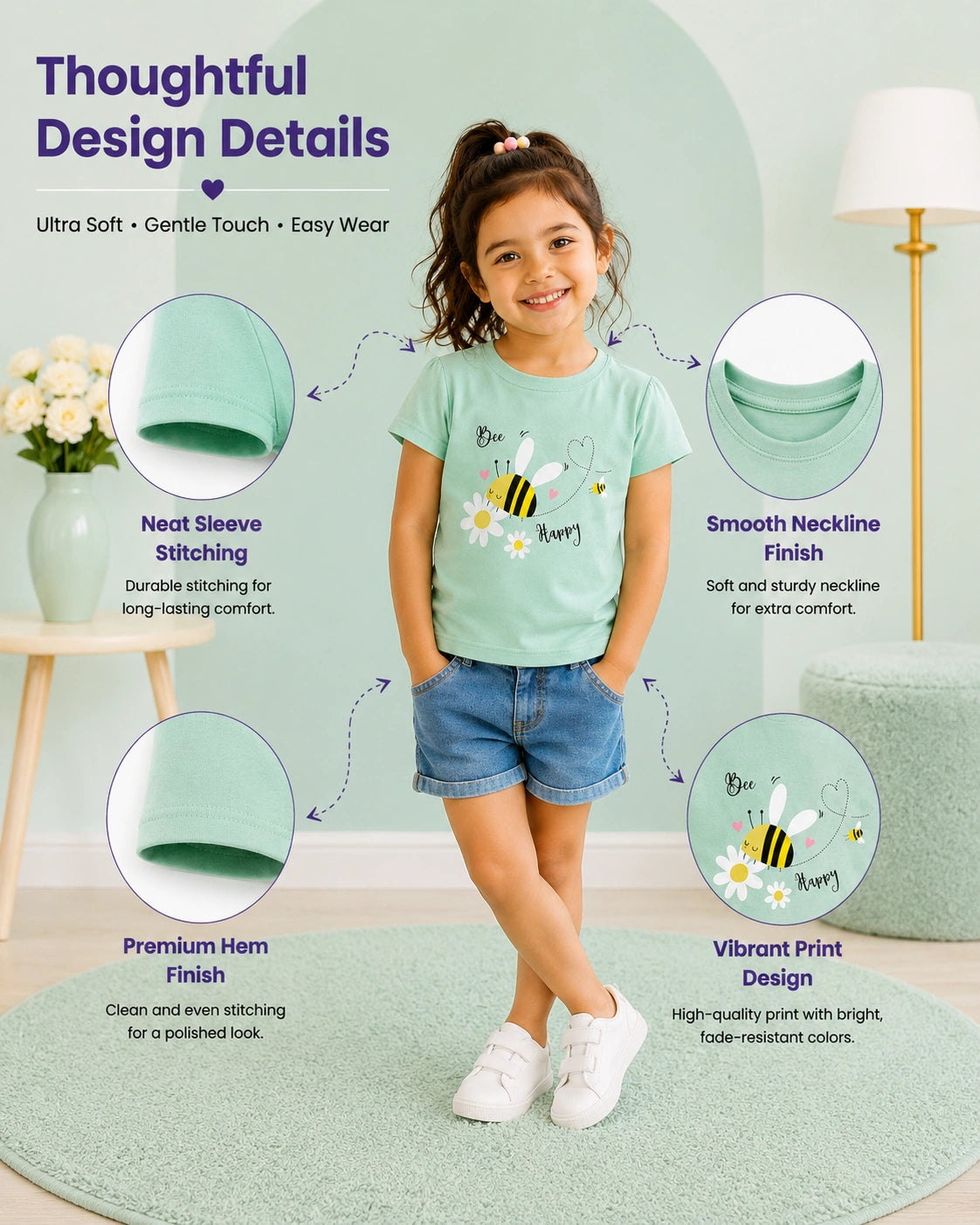 Happy Little Moments Girls’ Cotton T-Shirt – Pack of 3